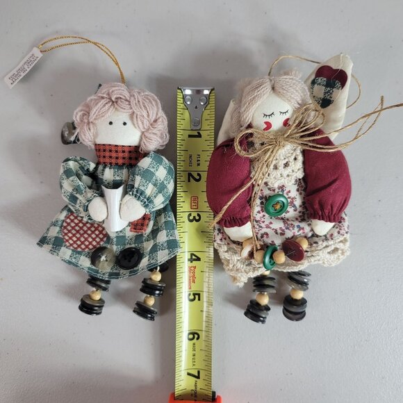 Vintage Christmas Rag Doll Country Angel Ornaments Set of 2 Yarn Hair Button Leg - Picture 7 of 7
